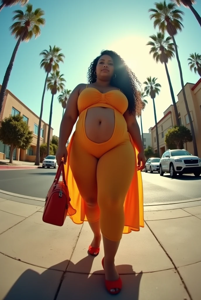 Pov fisheye camera view of Cardi B's fat and curvy pregnant mother walking on the streets of California in a sunny atmosphere.. Hd 14K, cinematic, Photorealistic, fisheye camera view, iphone camera style, highly shapering, high detailed, masterpiece