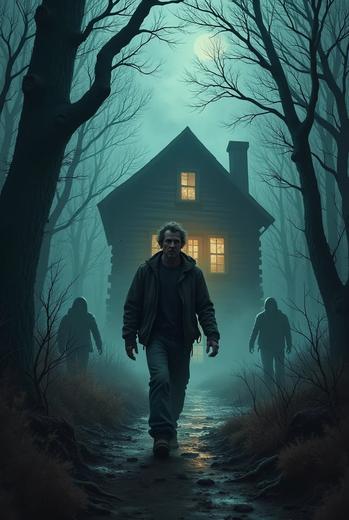 Believe me creative horror book cover with a man and a cabin in the woods, make it lively.