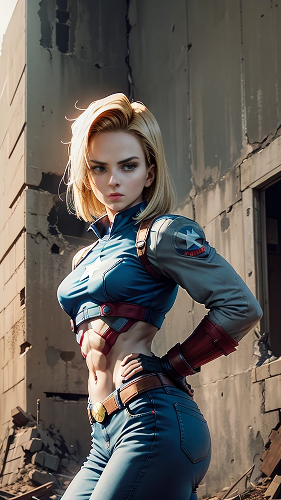 Android 18 Female version of Captain America background mechanical ruins, segurando o escudo do captain america