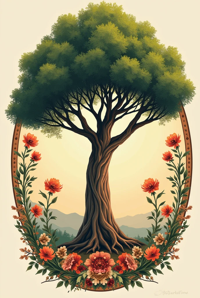 Generates a Ceiba tree, where you can see strong roots and few leaves, that has a current retro style. It must be circular with flowers from Nacajuca Tabasco or things from tradition 