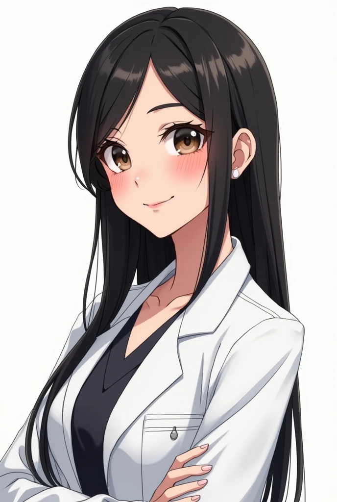 A brunette girl with long straight hair all tied up, Latin features and wearing a lab coat, smiling and in black and white. Anime version