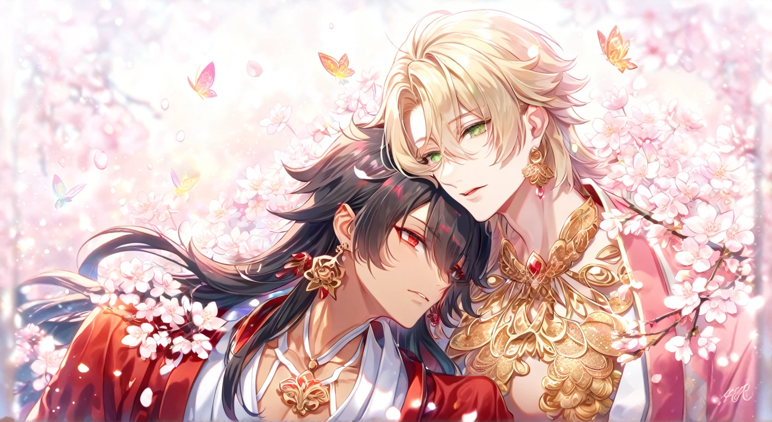 High resolution, ultra detailed, high quality, absurd resolution, HDR, best quality, master piece, detailed eyes, delicated features, tanned skin, Asura, black long hair, expressive red eyes, Onmyoji, Taishakuten, ash-blonde short hair, expressive green eyes, two men sitting, yaoi, gay couple, handsome, in love, showing the chest, red haori, white kimono, red tattoo, fantasy, magical, pink flowers, pink glittering butterflies, cherry blossoms, pink water, particles, crystal light