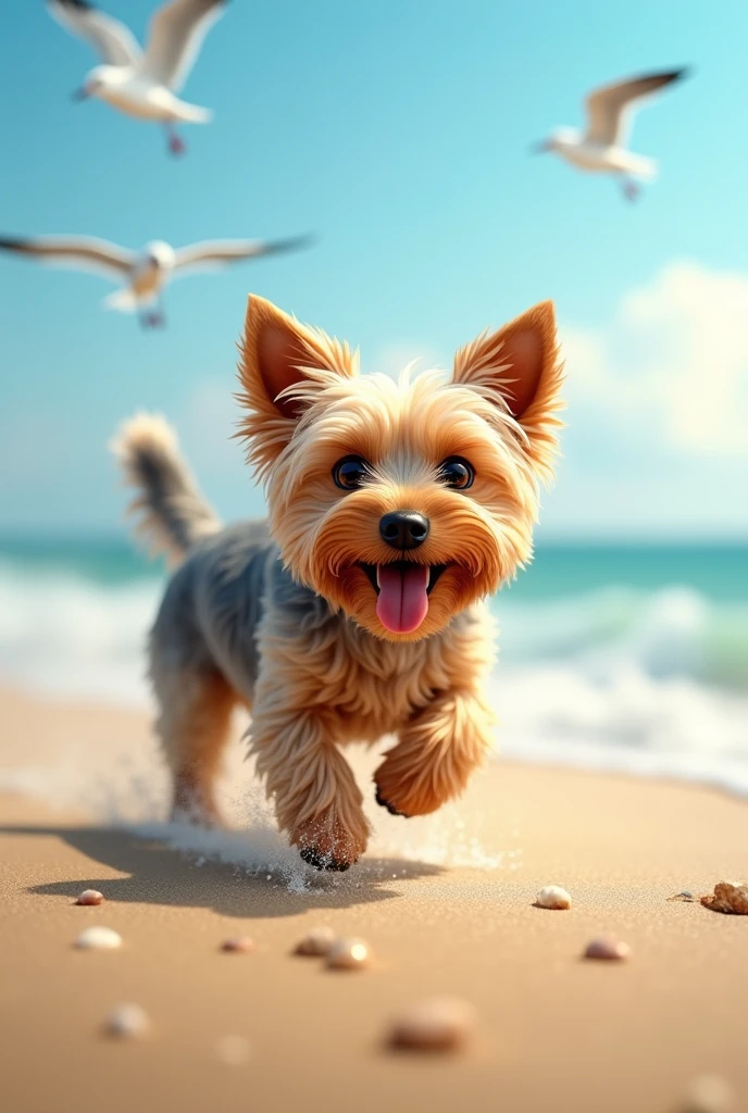 Images of happy elderly Yorkshire dog on the beach