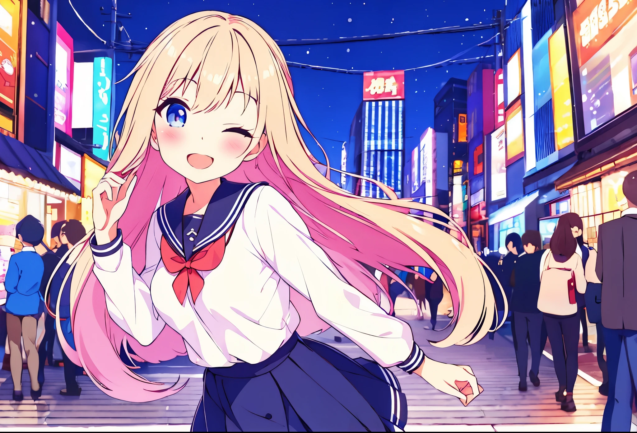 insanely detailed, absurdres, ultra-highres, ultra-detailed, best quality,
1 girl, solo, nice hands, perfect hands,
BREAK,
(one eye closed, wink:1.2),
(wearing winter school uniform),
happy smile, laugh, open mouth,
dynamic pose, cowboy shot, looking at viewer,
BREAK,
slender, kawaii, perfect symmetrical face, ultra cute girl, ultra cute face, ultra detailed eyes, ultra detailed hair, ultra cute, ultra beautiful,
by Canon EOS, SIGMA Art Lens 35mm F1.4, ISO 200 Shutter Speed 2000,
in harajuku, shibuya, tokyo, street, crowd, cityscape,
medium breasts, (cleavage:-1.5),