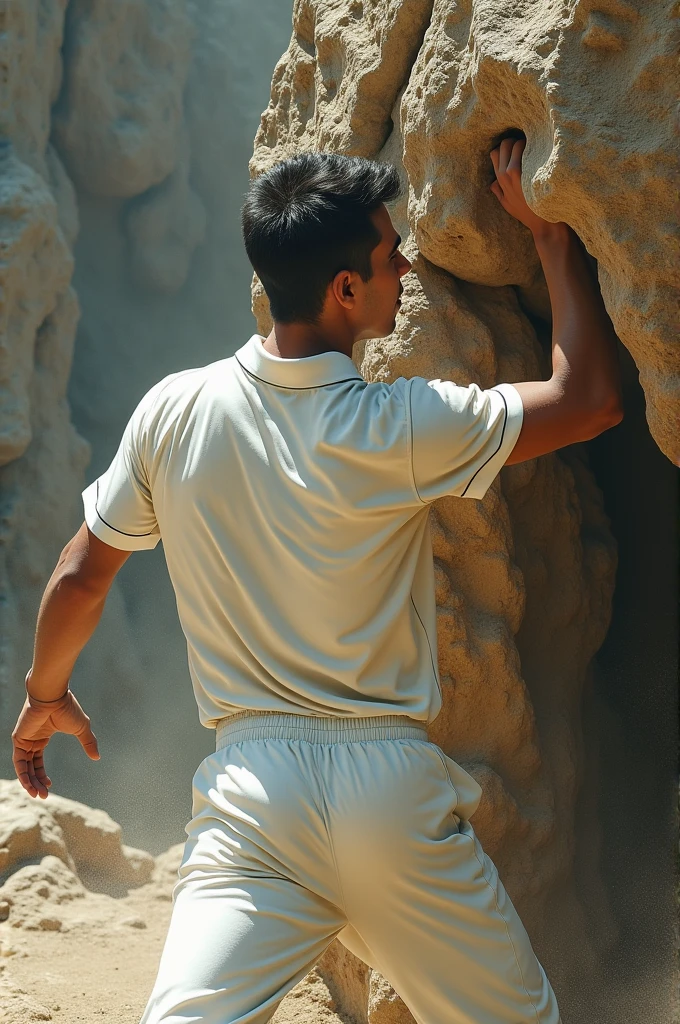 A person with cricket white jersey attacking Rock with fist