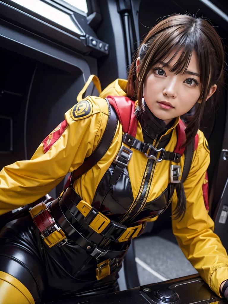 Sentai Heroine,cockpit,Harness Belt,Red and yellow combat uniform,