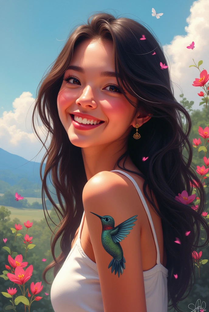 Smiling woman with a hummingbird tattoo