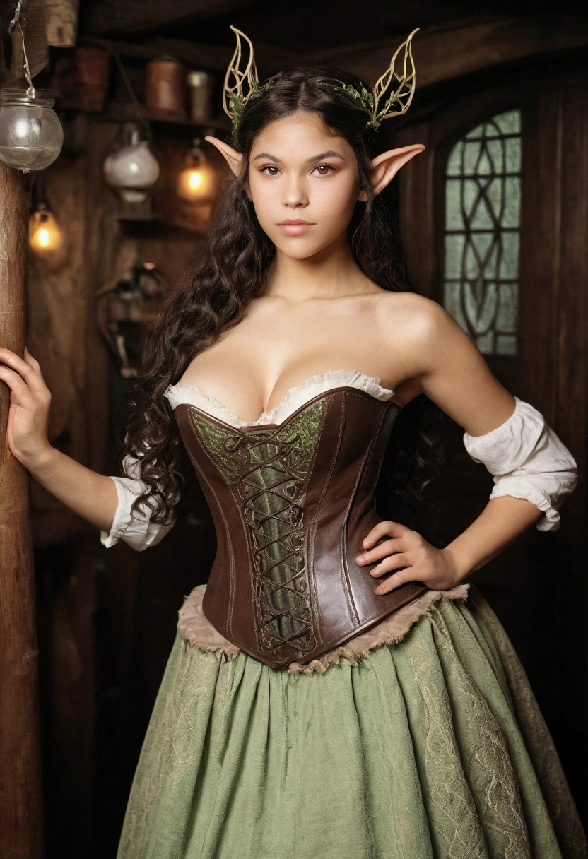 analog film photograph, photo of an elven maiden, 18-years-old, amazonian stature, athletic hourglass figure, busty breasts, narrow waist, full wide hips, big round buttocks, wearing a corset and a petticoat, warm almond complexion, pointy elf ears, dark hair, long tousled waves, resembles Zendaya, posing in a seedy medieval tavern, RAW Photograph, dslr, soft lighting, high quality, film grain, Fujifilm XT3, detailed skin with visible pores, insane details, masterpiece, 8k, 35mm photograph, dslr, kodachrome, faded film, desaturated, grainy, vintage, Lomography, stained, highly detailed, found footage, long elven ears