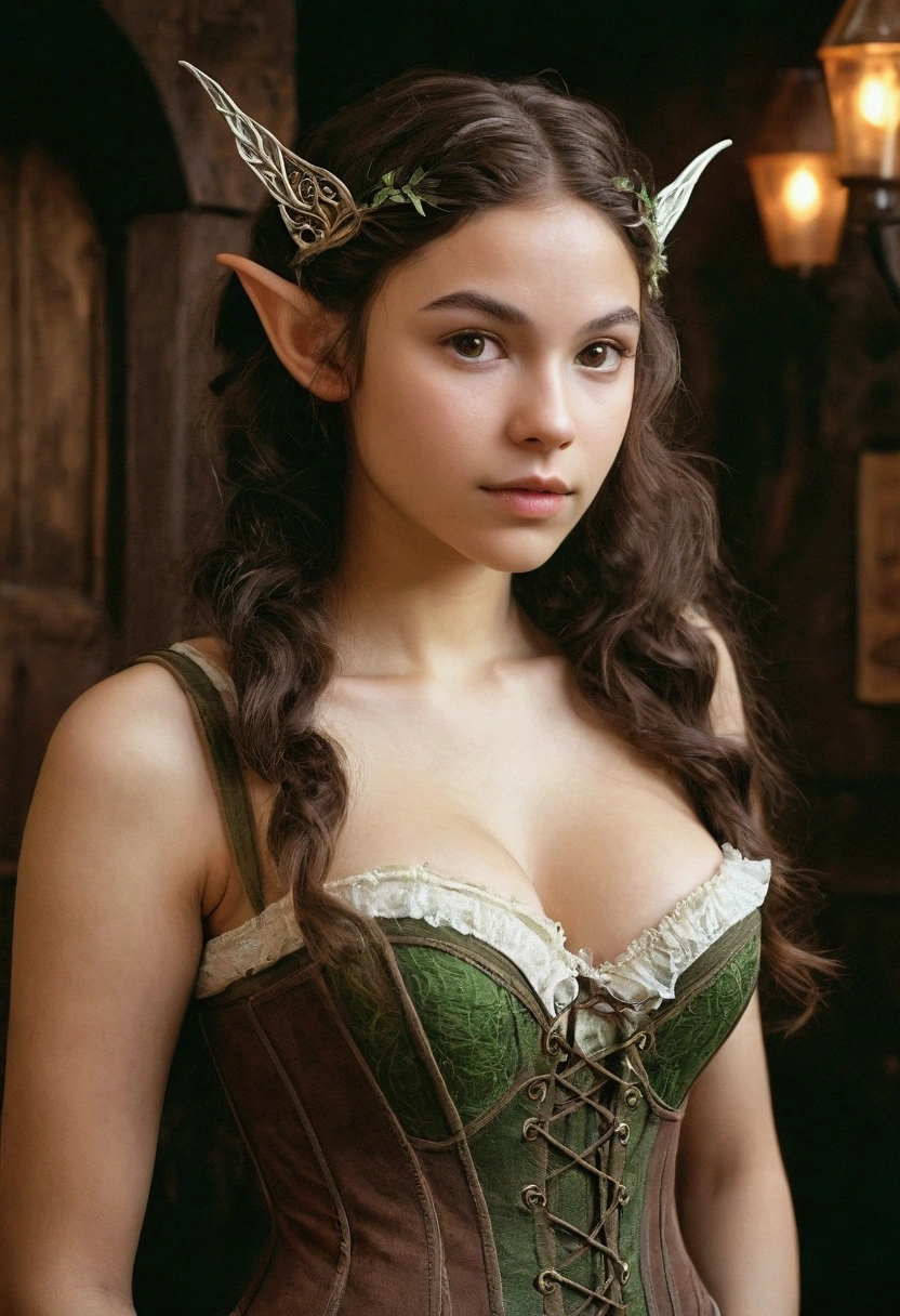 analog film photograph, photo of an elven maiden, 18-years-old, amazonian stature, athletic hourglass figure, busty breasts, narrow waist, full wide hips, big round buttocks, wearing a corset and a petticoat, warm almond complexion, pointy elf ears, dark hair, long tousled waves, resembles Zendaya, posing in a seedy medieval tavern, RAW Photograph, dslr, soft lighting, high quality, film grain, Fujifilm XT3, detailed skin with visible pores, insane details, masterpiece, 8k, 35mm photograph, dslr, kodachrome, faded film, desaturated, grainy, vintage, Lomography, stained, highly detailed, found footage, long elven ears