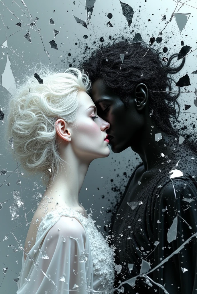 Create an image where the white color is attacked by the black color, where black did not exist before and white begins to take over. Represented with paint and porcelain texture. And that everything comes out through the cracks of a broken mirror and that reflections are seen. Black is elegant and powerful. White is pure and delicate, the mirror must be fragmented and the colors come from different fragments.. There are many fragments