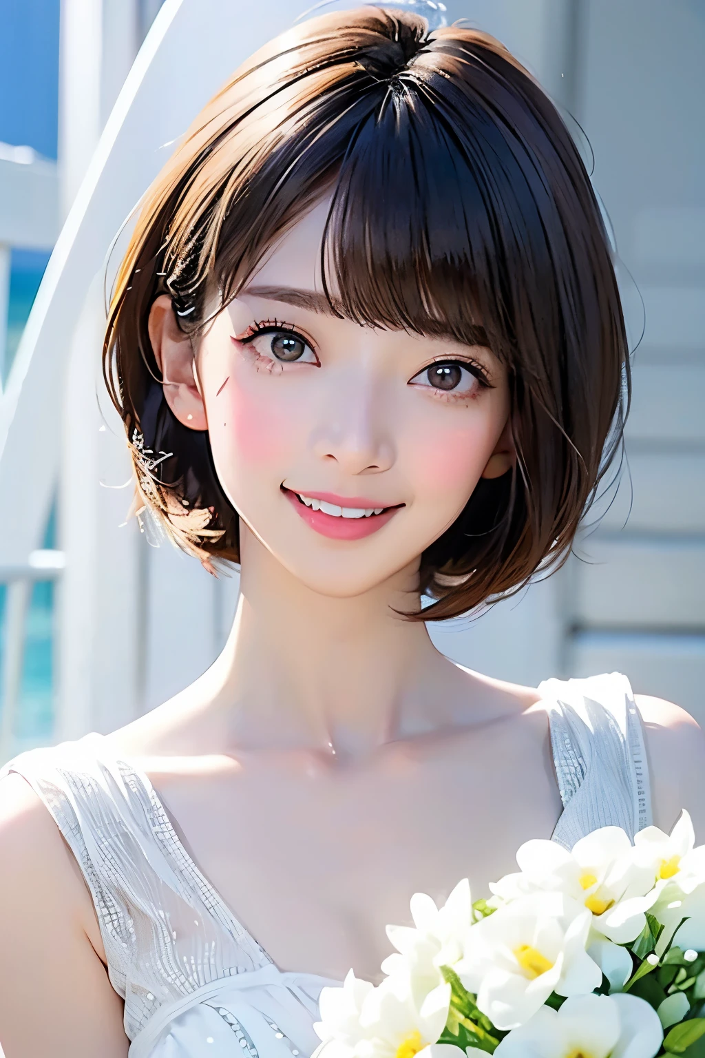 white、Ocean、Droopy eyes、Brown eyeballs on face、smile、1 female、Woman in a dress、Bob Hair、Detailed face、Clear Face、((Best image quality))、Mole、bouquet、bride