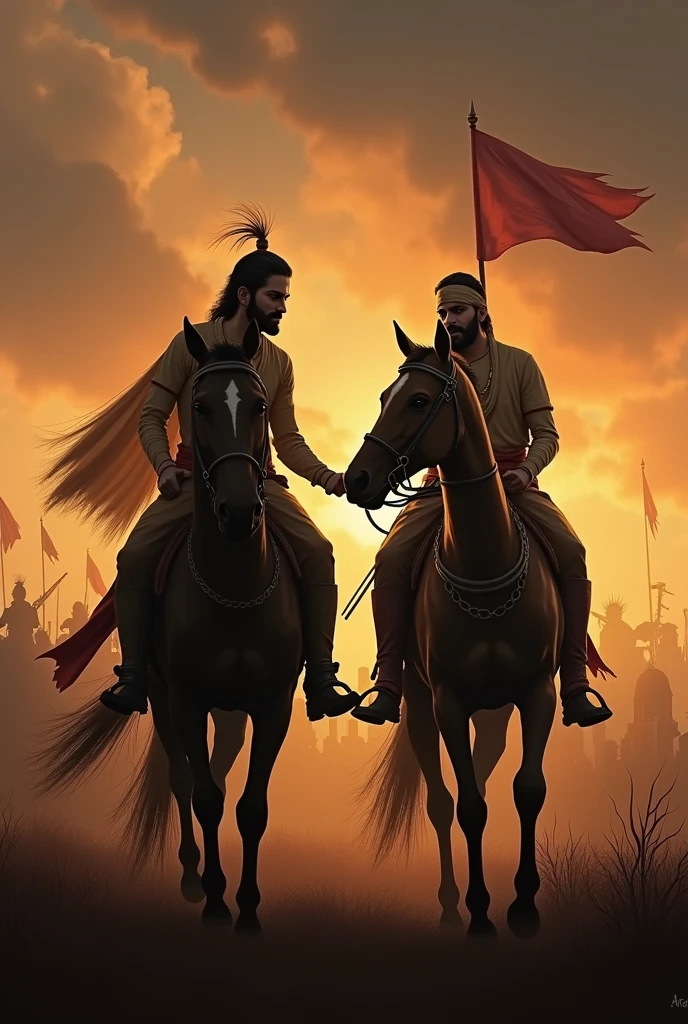 poignant image of a loyal horse, Chetak, standing beside a historical Rajput warrior, symbolizing Maharana Pratap. The horse looks noble and ready to protect at any cost, while the warrior places a gentle hand on its neck. They are set against a dramatic backdrop of a battlefield at dusk, with flying banners and a sense of calm after the storm."
