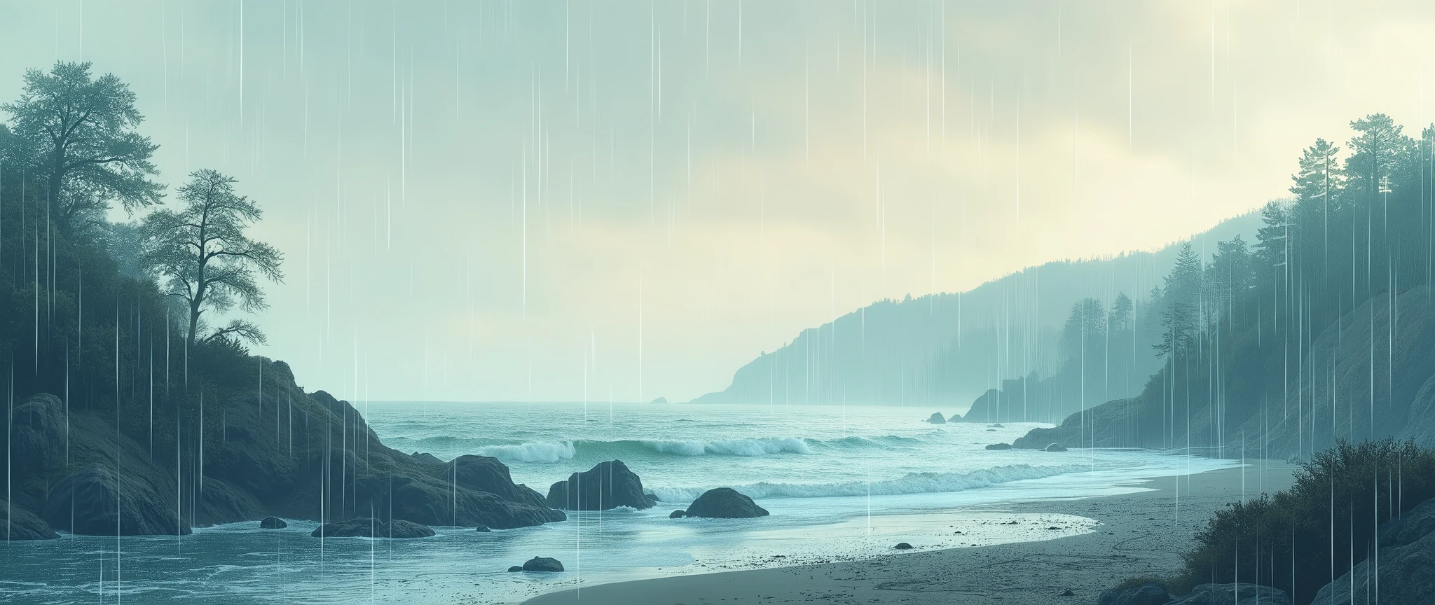 Dark Autumn rain,sea, Fall Lofi, landscape,water color