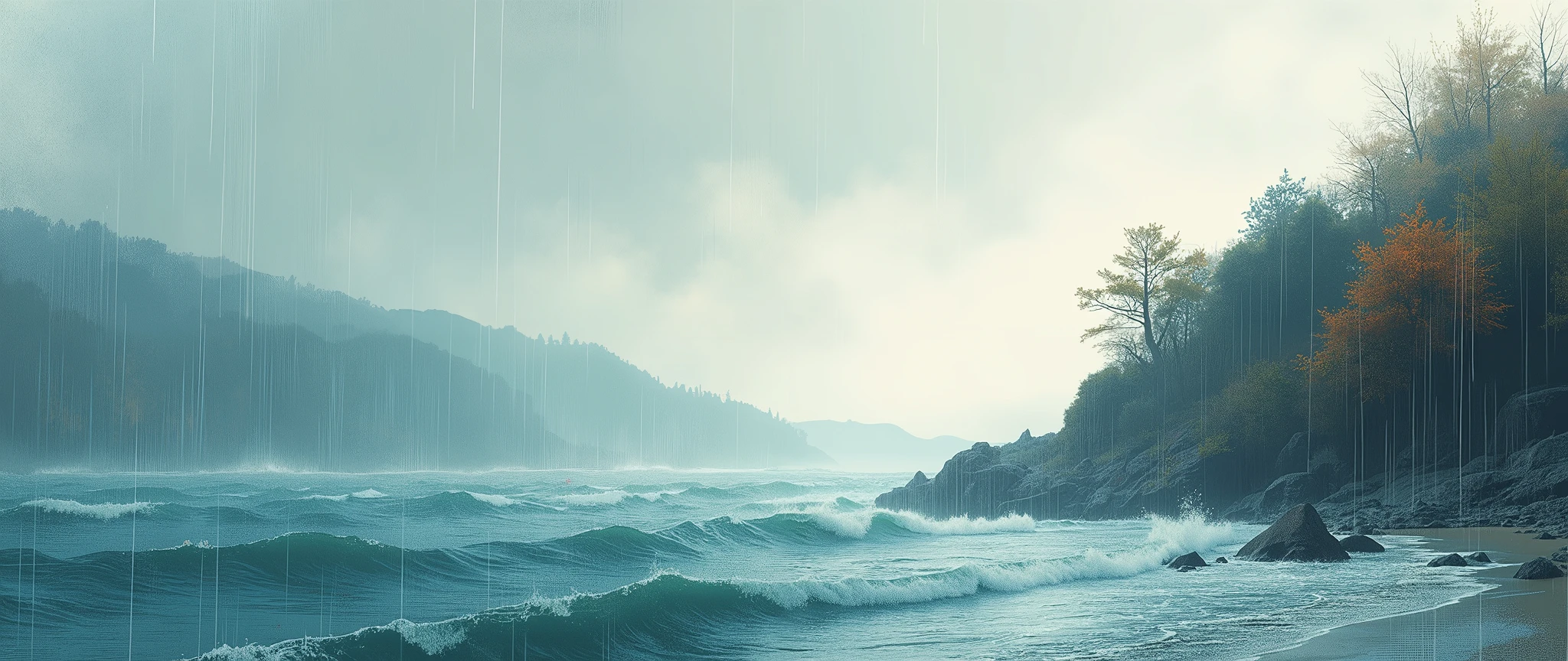 Dark Autumn rain,sea, Fall Lofi, landscape,water color