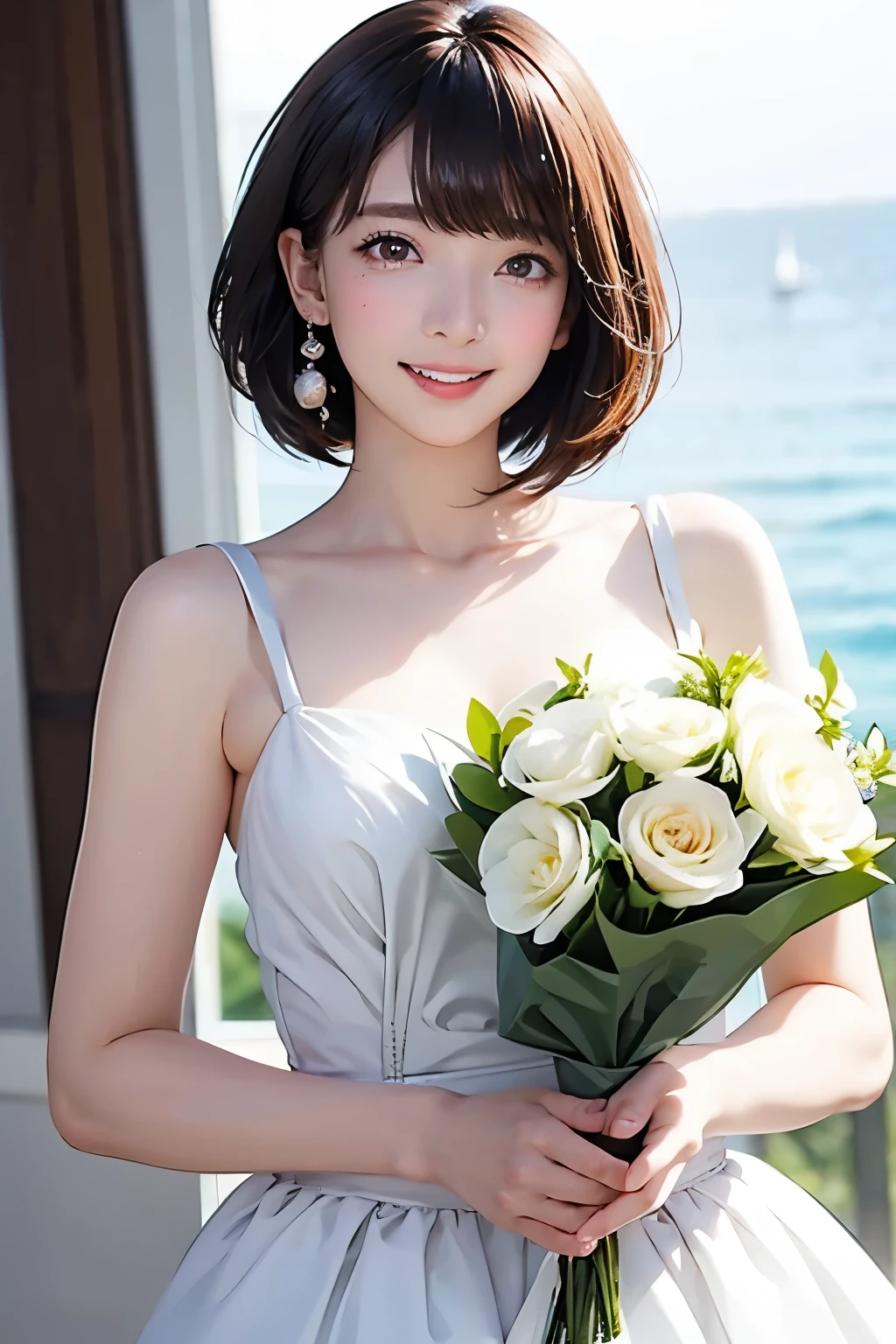 white、Ocean、Droopy eyes、Brown eyeballs on face、smile、1 female、Woman in a dress、Bob Hair、Detailed face、Clear Face、((Best image quality))、Mole、bouquet、bride