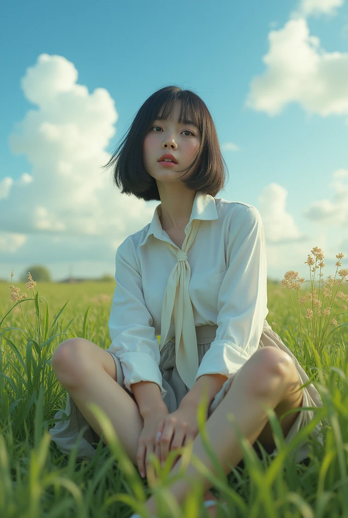 Best quality, masterpiece, ultra high res, (photorealistic:1.4), raw photo, 1girl, cinematic lighting, meadow, blue sky, white clouds, necktie, white collared shirt, sitting on the ground, short skirt, sleeveless