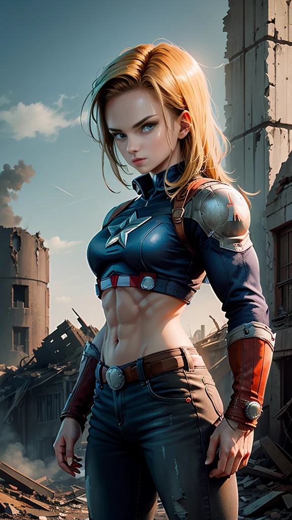 Android 18 Female version of Captain America background mechanical ruins, segurando o escudo do captain america