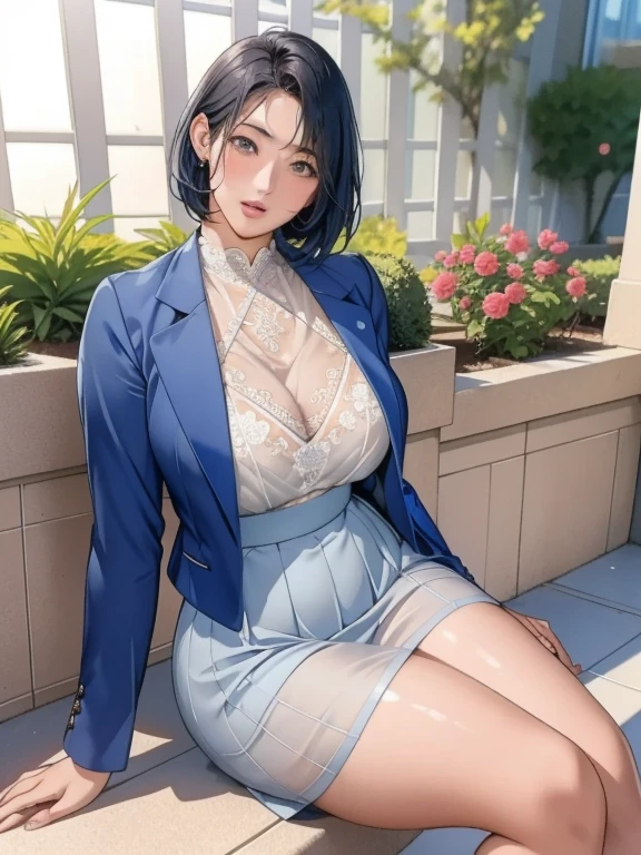 a beautiful anime-style girl in a lush garden, with dark blue short hair, rosy cheeks, plump, curvy hips, thin lips, wearing a gray open jacket and a white lace sheer skirt, sitting gracefully