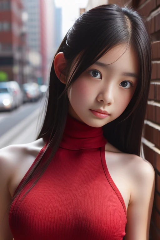 Gaze, High resolution, masterpiece, Highest quality, High detail, Textured skin, Long Hair, Blushing, Red eyes, Drooling, Tank top、A tight fitting red leotard、Angle from below、whole body、City