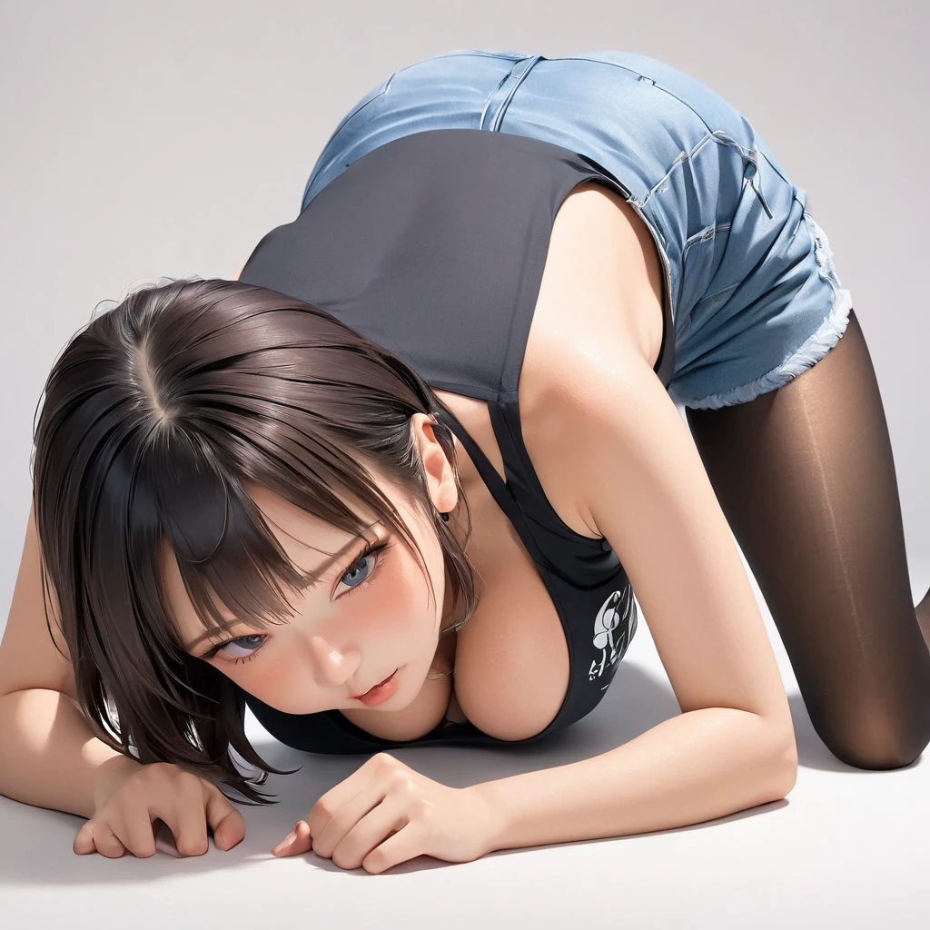 Long shot, ground shot, front angle, beautiful girl, fullbody, Hana Uzaki, short hair,shaved side, big breasts, raglan sleeve shirt, Rome print SUGOI DEKAI, denim shorts, pantyhose, ,high quality, masterpiece,break, break,lie face down,doggystyle, chin on the ground, hands and elbows on the ground,All fours,arched back,emphasizing cleavage ,white background