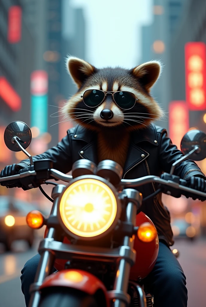 Raccoon riding a motorcycle with sunglasses and a leather jacket