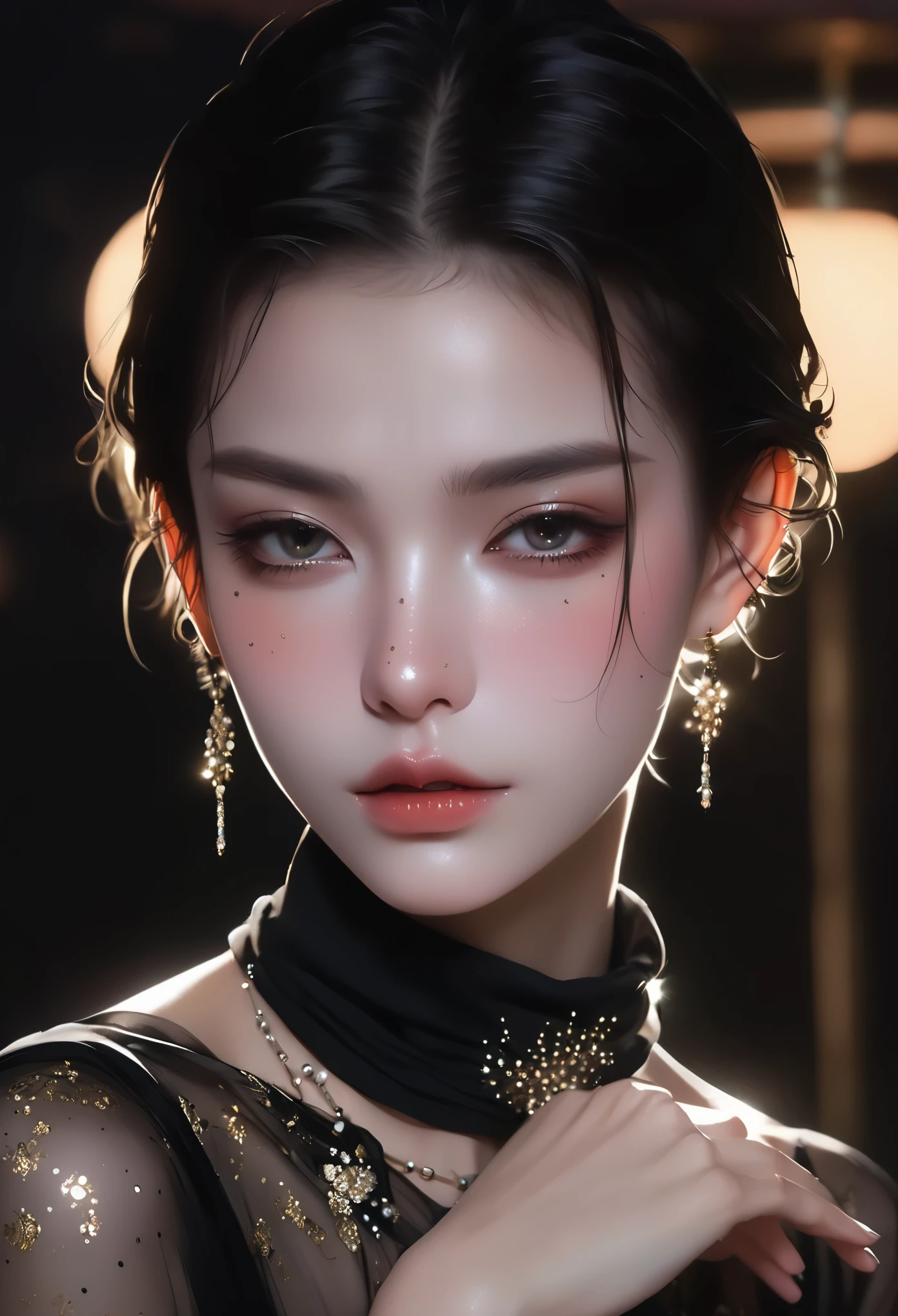 1 Girl，Solitary，Exquisite facial features，Dark eyeshadow，small freckles，Back lip，Slender neck，Hands touch chin，Exaggerated jewelry，Short and smooth hair，Detailed hair accessories，Glowing skin，High collar off-shoulder short sleeves，Looking at the camera