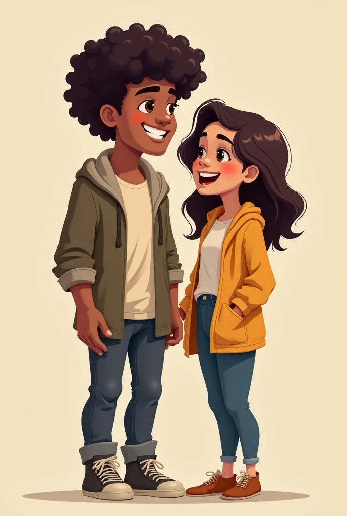 Two young people around , a man and a woman, the man being taller and with very curly hair, both dressed in clothes, and the woman with straight hair. that the Latin men are a little whiter than the women, that the man is without a beard, like in cartoons