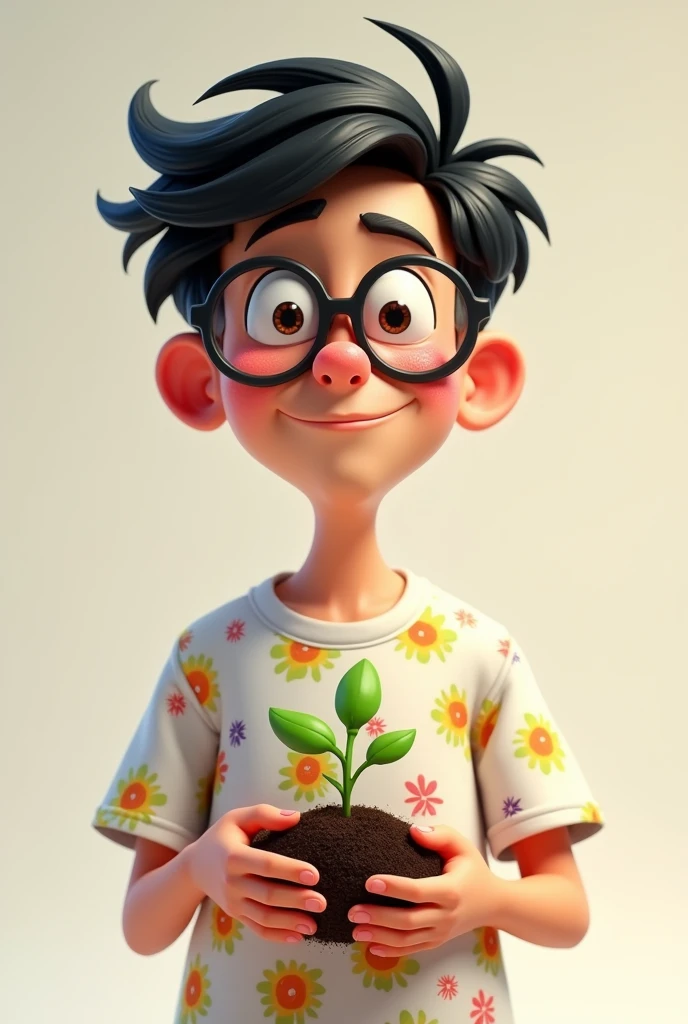 A 3 2D Pixar-like animated male character with a pimply complexion, black hair and big glasses. She is wearing a white shirt with a colorful flower print.. He holds in his hands a mound of earth from which a small green plant sprouts..