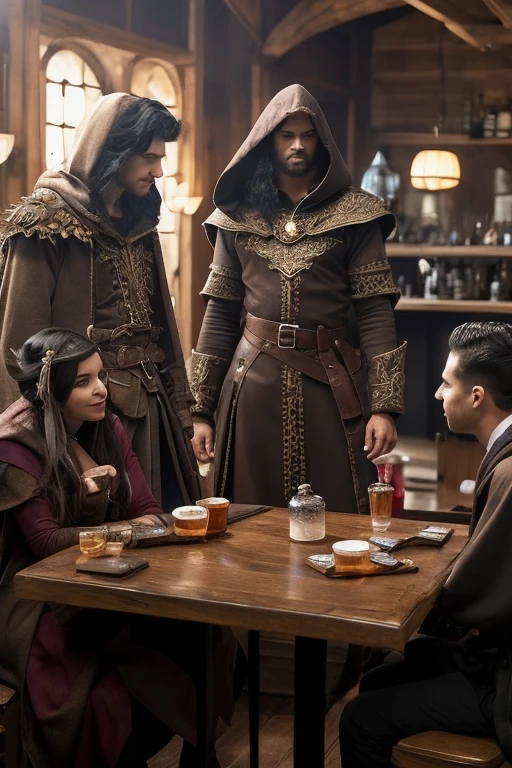 two men, one women, all are sitting at bar table talking, the first man is in a hood with axe with him, he is tall and buff, the second man has bow and is elf, brown spiky hair, the women has various potions on her belt and she has long black hair, she is in brown robe, the is in the age of fantasy