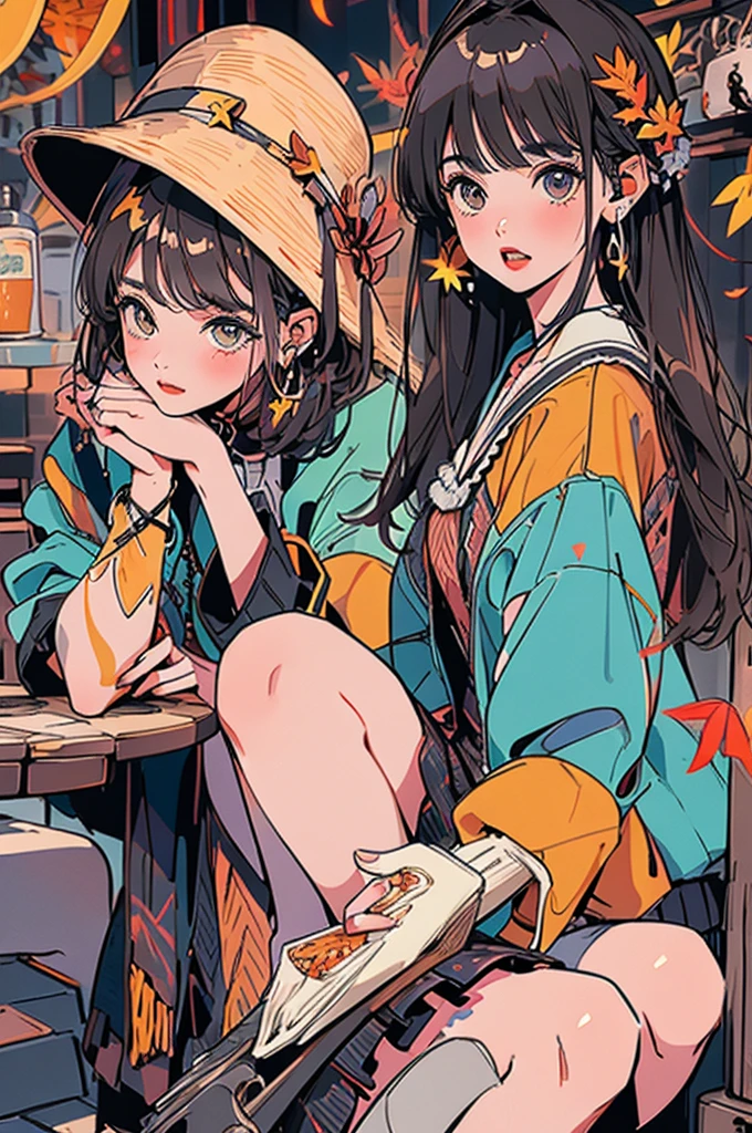 (masterpiece:1.2), Highest quality,Pixiv,Surprised girl,Portraiture、1、Large Breasts、Small waist、Close-up of face、Ecstasy、((((Autumn Outfits、Squatting sloppily))))、pread your legs、Girl sitting、Beer and Yakitori、Matsutake