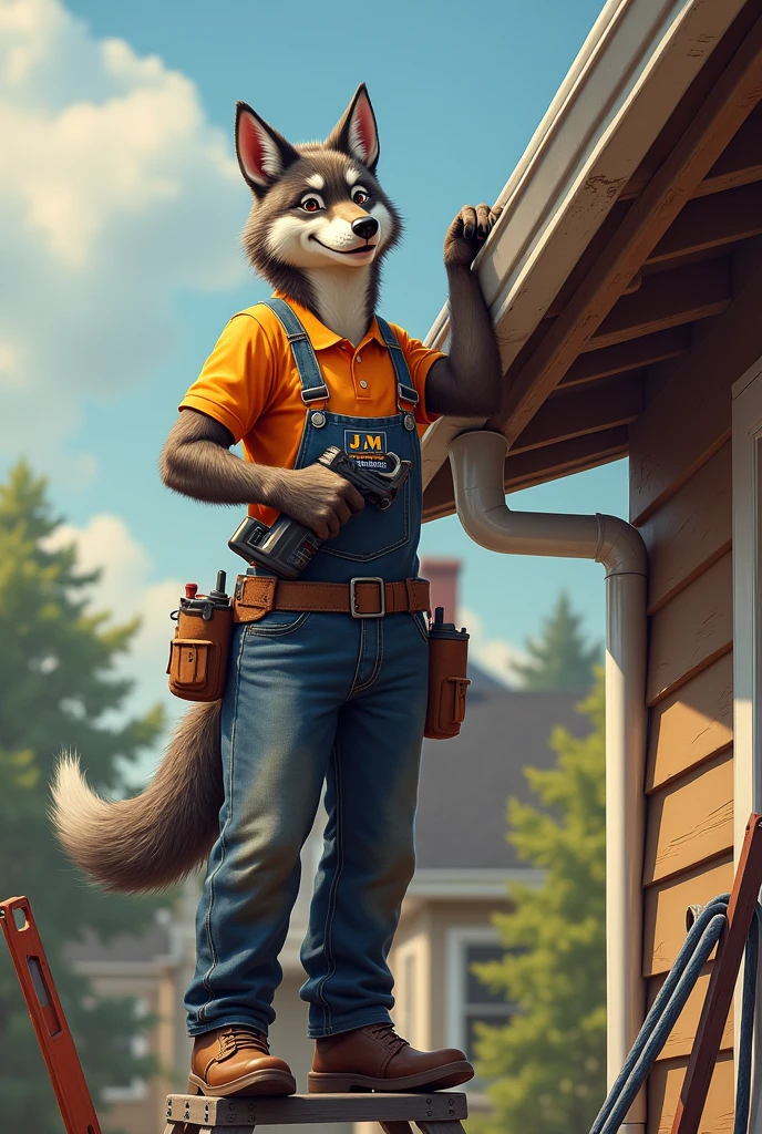 Strong and friendly wolf in work clothes , installing gutters ,  with their tools, drill installing a screw into the gutter ,JM logo on the shirt