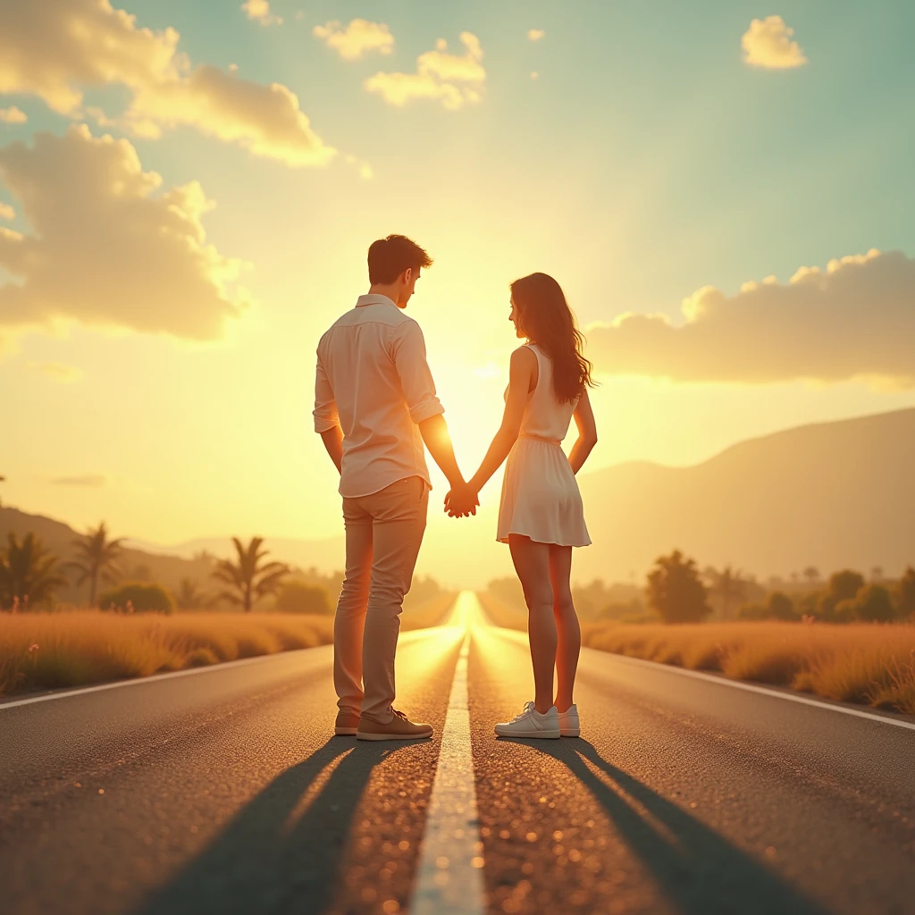 branch point、Hesitation、I'll take your hand and walk、Couple、Back view、Bright road