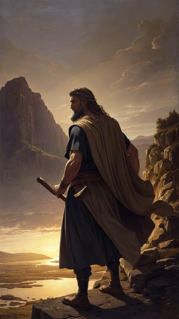 Epic artistic depiction of the prophet Samuel, standing slightly distant and seen from behind, holding a simple oak wood staff. He appears as a man of middle age with long, graying hair and a full, graying beard, exuding wisdom and authority. He wears traditional biblical-era attire—a long tunic and cloak that flow with the wind, enhancing his imposing presence. The scene is set during dusk, with a dark, moody atmosphere that adds depth and reverence. In the background, the ancient city of Ramah is visible, with stone buildings that reflect the architecture of Samuel's time—flat roofs, stone walls, and an overall simple yet authentic design. The rugged, arid landscape surrounds the city, emphasizing the harsh yet sacred environment of the Old Testament era. The image should have a classical painting style, with dramatic lighting that highlights Samuel’s figure, creating a powerful and solemn scene that captures the essence of his prophetic role.