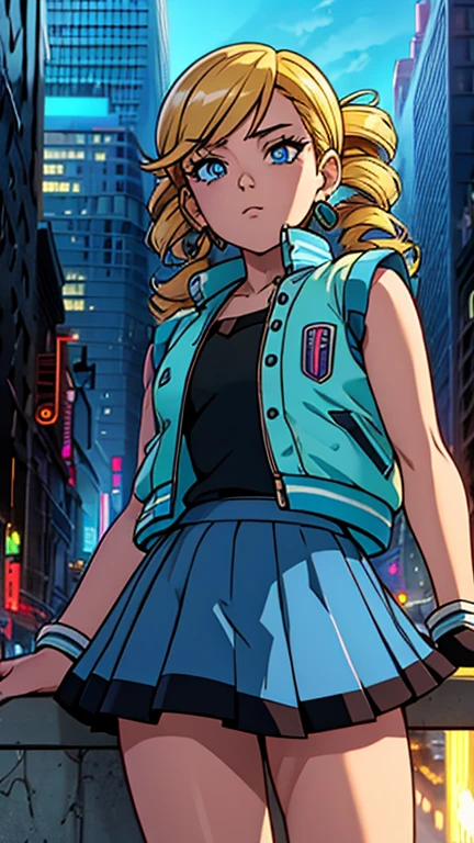 (Teens:1girl: ppgzbb), (extremely detailed CG unit 8k wallpaper),(master part), (best quality), (ultra detail), (best illustration),(city-scene-aso), cowboy shot, (Sharp eyeliner, ombre, detailed eyes:1), night, cyberpunk city, outdoor, ,break , (Akira - movie), upper body, blue eyes, blonde hair, twin drills, hairclip, earrings, vest, blue skirt, short skirt