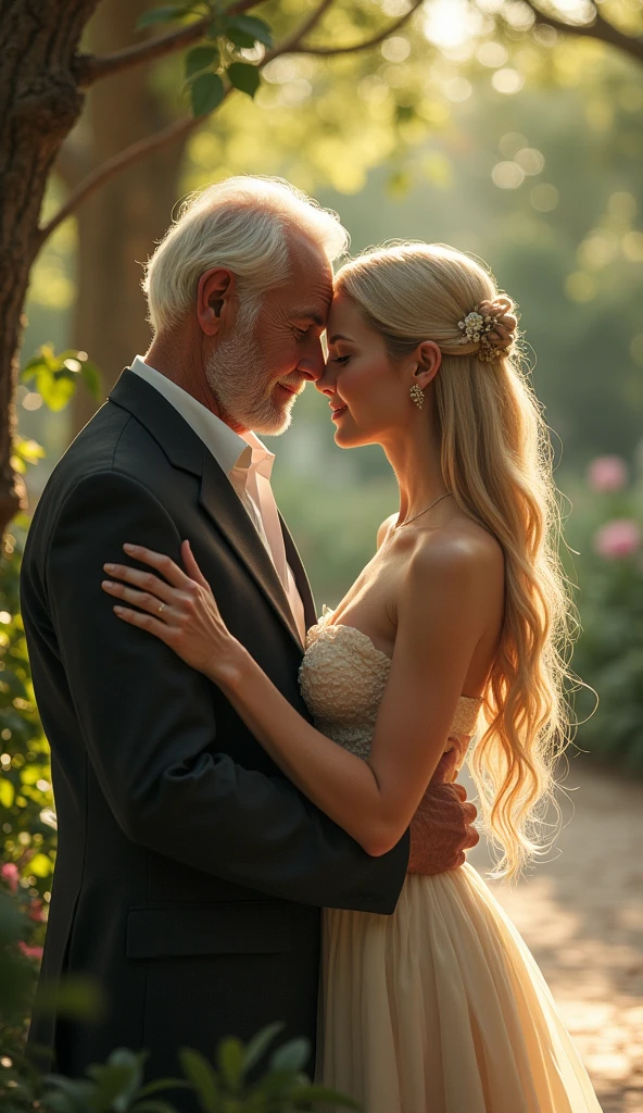 A beautiful android with long blonde hair20An old man is hugged from behind by a human blonde woman、Beautiful sight、Love story
