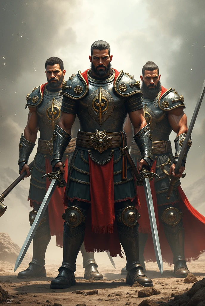 three warriors, two holding sword, one holding hummer, no background