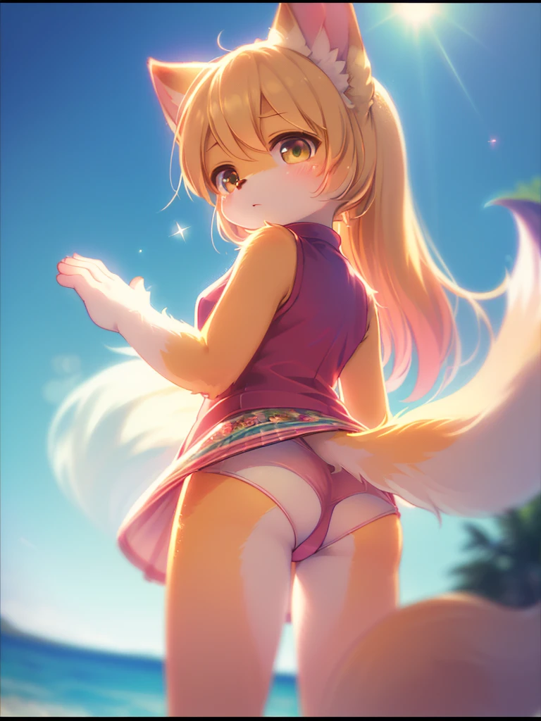 (Sumilux f1.4 36mm , Polaroid , low Latitude old color negative film , cross process , (bokeh), Long exposure , blur , flare, chromatic aberration , (soft focus), (Shallow focus) , soft glow , Maximum aperture, low Key , Transparent depiction , Tyndall) ,kawaii anime style , Childish fox girl , childish clothing , Suddenly showing her ass