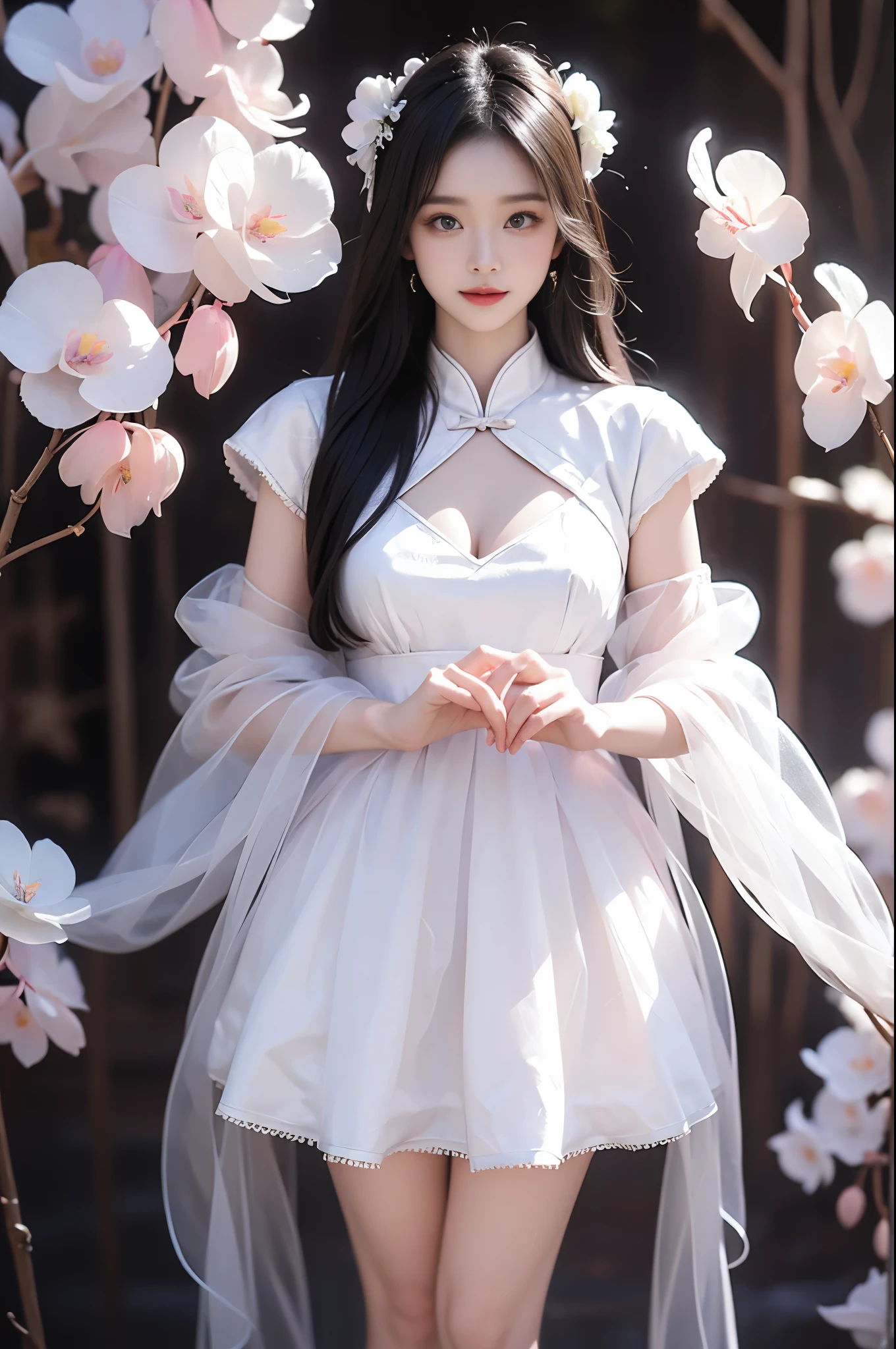 cyb dress, chinese clothes, detached collar, clothing cutout, wide sleeves, see-through sleeves, Tassel(Quality Improvement:1.4),1 Girl, Full breasts,Visible cleavage,Sexy long legs,The skirt is very short,She gently lifted her skirt with one hand,Surrounded by white Phalaenopsis orchids,Lilac dendrobium、White Lily, Flying petals,(Top quality leather), Delicate face,Black Hair, Gradient hair, Body,(Body1.1), He has a precious gem on his forehead.., outstanding student,Long eyelashes,Smile, Surrealism, Movie Lighting, Projection Insert, Surrealism, Ultra HD, masterpiece,lie,Keep dreaming,Open your legs slightly.,Tattoo,Fantasy Space,Luxurious space,Exquisite makeup,blush,Shy expression