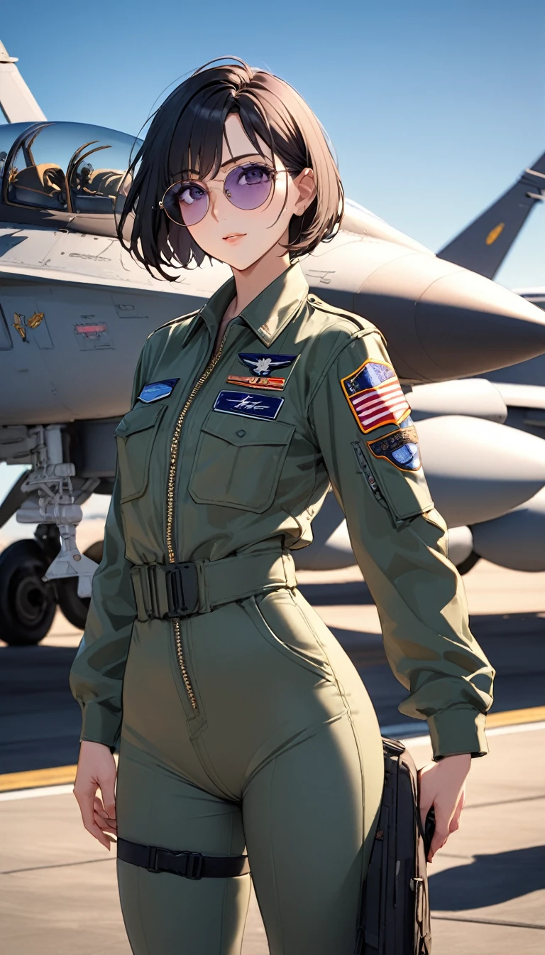 whole body, Highest quality、Best image quality、masterpiece、独奏, a girl、Adult sexy woman、Beautiful Eyes、black hair, purple eyes、Short bob cut、(sideburns), middle part, (flat chest)、slender、Tight waist、Round Glasses、Beautiful Face、movie「Top Gun」Dressed like Pete Mitchell from (US Air Force military suit), Wearing sunglasses, Aviator Model (Ray-Ban RB3025), Natural light, F-18 military air force base background aircraft.