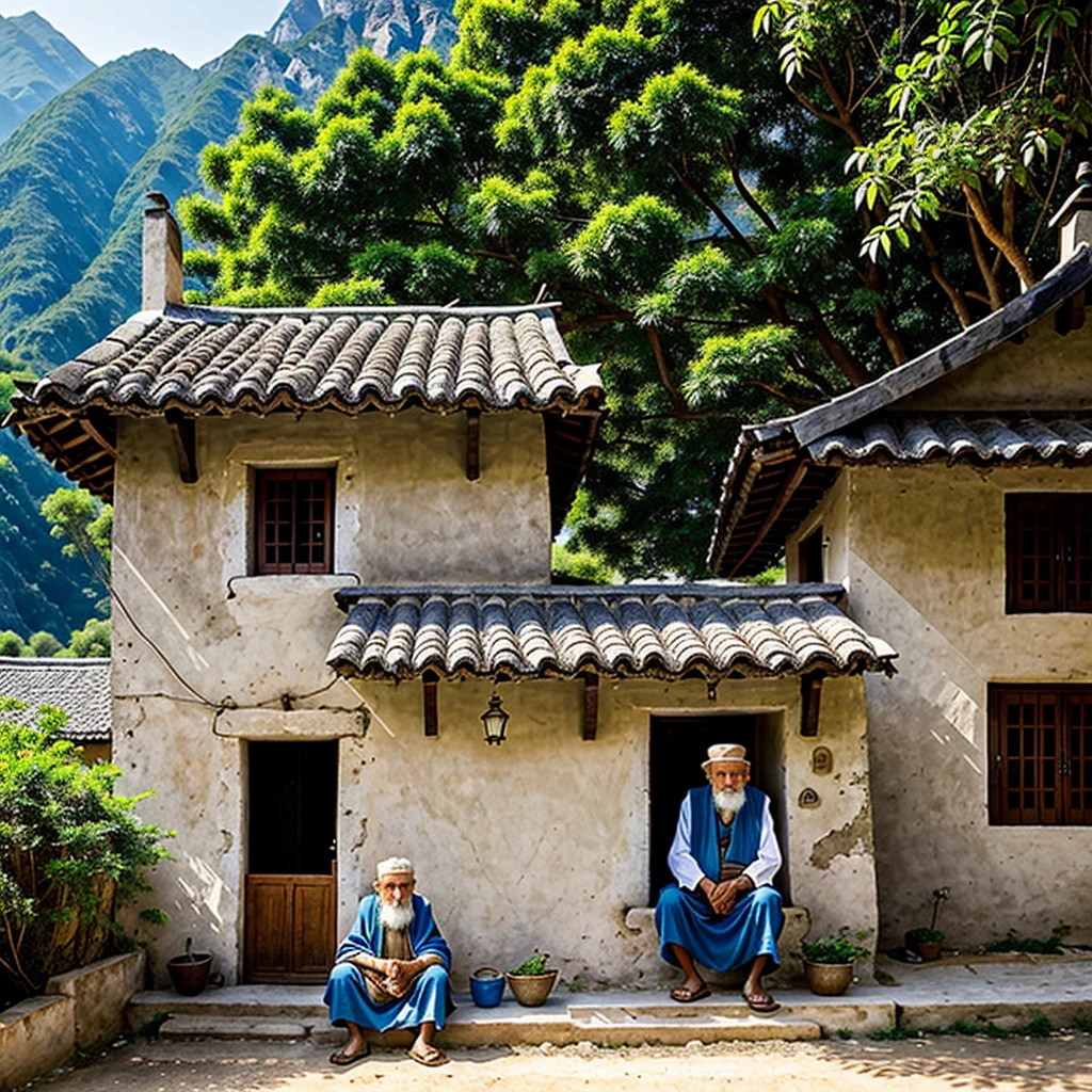 "A wise old man sitting peacefully outside a simple village house, with a serene village backdrop." Hyper realestic ultra HD
