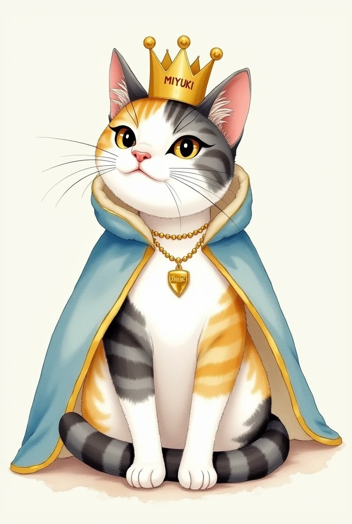 Watercolor painting of a tricolor striped cat in white, gray, yellow and black colors dressed as a queen, With a crown and a cape, the cat has a gray and black striped spot in front of her neck and is in profile looking at the front with a gold necklace that says "miyuki"