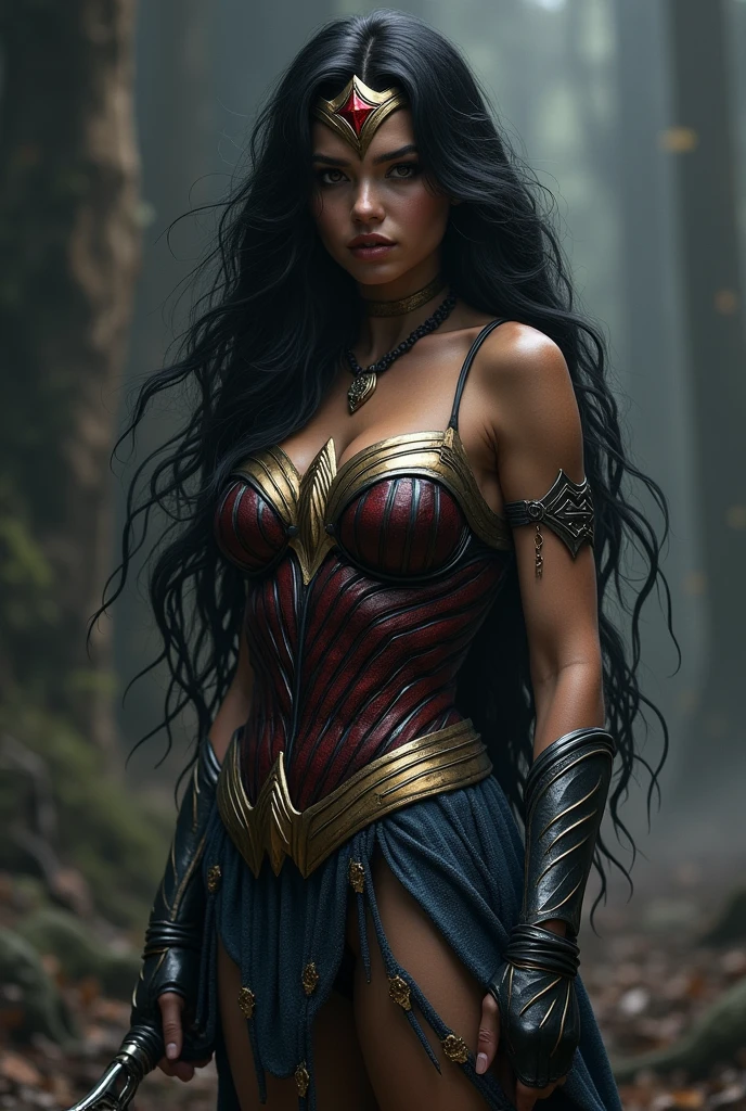 (((Simbionte Spiderman))),(((A beautiful woman with long black hair under the mantle of the Amazon warrior Wonder Woman))),(((Black metal headband with a red star on the front))),(((corset negro))),(((Long black boots up to her knees))),(((With Symbiote skin running all over his skin))) Black metal bracelets))),(((Simbionte Spiderman)))