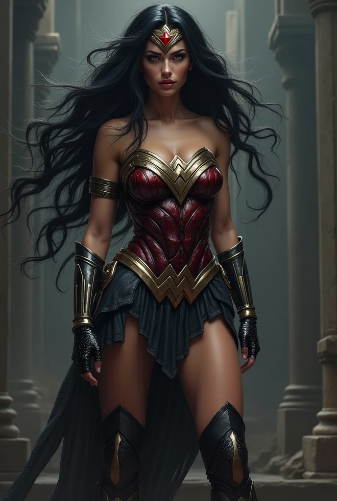 (((Simbionte Spiderman))),(((A beautiful woman with long black hair under the mantle of the Amazon warrior Wonder Woman))),(((Black metal headband with a red star on the front))),(((corset negro))),(((Long black boots up to her knees))),(((With Symbiote skin running all over his skin))) Black metal bracelets))),(((Simbionte Spiderman)))