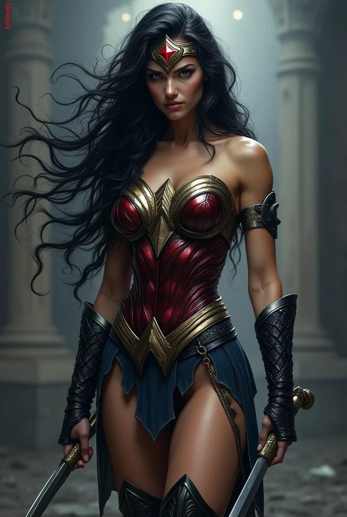 (((Simbionte Spiderman))),(((A beautiful woman with long black hair under the mantle of the Amazon warrior Wonder Woman))),(((Black metal headband with a red star on the front))),(((corset negro))),(((Long black boots up to her knees))),(((With Symbiote skin running all over his skin))) Black metal bracelets))),(((Simbionte Spiderman)))