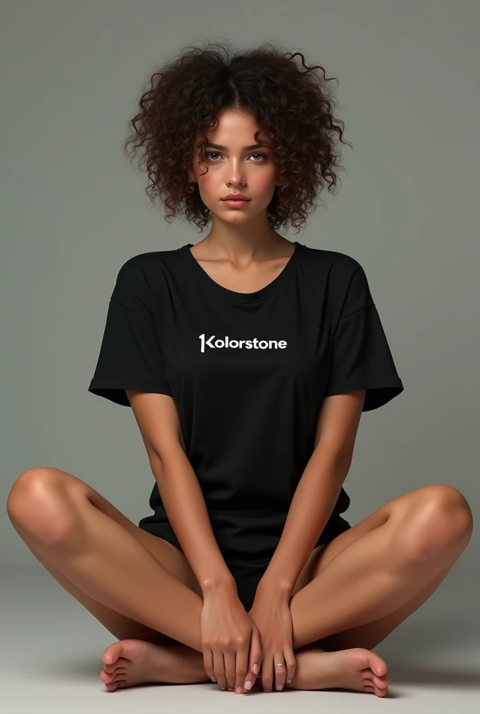 A brunette girl with curly hair and big breasts sits with her legs stretched out, taking a realistic photo wearing black Tshirt with kolorstone written on it