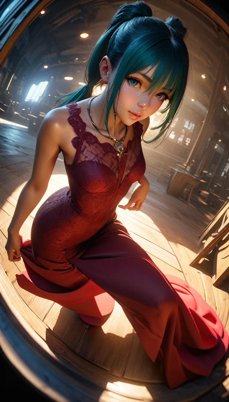 masterpiece,Game Art,Best picture quality,Maximum resolution,8k,(High Angle,Fisheye:1.2),Unreal Engine 5 rendering works,Ray Tracing,RAW photos,(((Left half of the face))), (((Tosca Hair Color))), ((Long double ponytail hairstyle)), Enjoy the scenery, Focus on the Horizon, (((Perfect eyes))), (((sneer))), 2 girl, Perfect body, (((Perfect anatomical structure))), Tosca Eye Color, Double eyelids, (((Small breasts))), Very detailed skin texture, (Realistic skin), Ultra-fine face, Delicate lips, (((Delicate eyes))), (((Double eyelids))), necklace, Moist skin, Wet hair, Simple background, (Front focus), (On the peaks:1.2), (((Night Atmosphere))), Deep Dark, Surrealist Portraits of Women by David Hockney and Alphonse Mucha, Fantasy Art, (((Photo-realistic))), ((Dynamic poses)), (((World Model Poses))), Dynamic Lighting, Art Station, poster, Volumetric Lighting, Very detailed faces, 4K, in the darkness, (((Night Atmosphere))), ((Deep Shadows)), Low profile, Cowboy shooting, (((Red long skirt))), Lighting Dress, (((Erotic lace dress))), (((Red stockings))),((3D Unreal Engine)),OC rendering reflection mode
