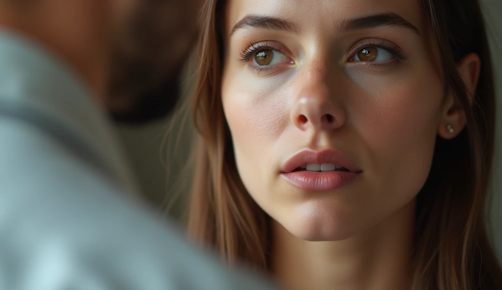 (photorealism:1.2), Close-up image of a millennial woman's face looking serious and listening attentively., as if receiving advice. Facial expressions should show respect and attention..
The background can be a soft solid color.,paper roll icon) in the corner of the thumbnail