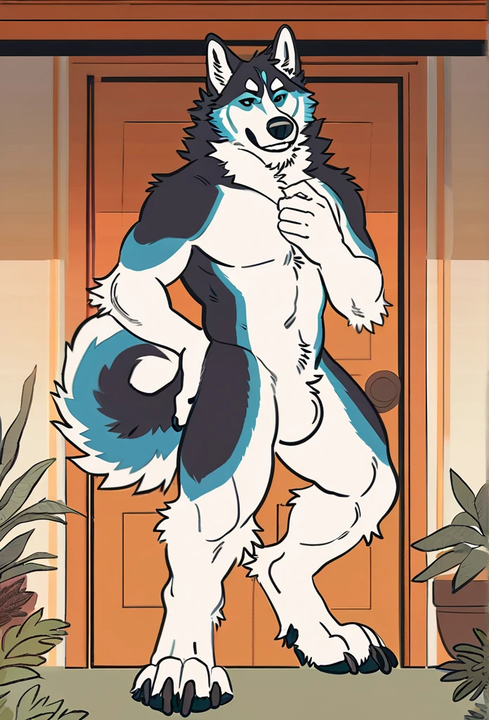 solo, male, anthro (striped hyena), by tritscrits, (by botch:0.7), digitigrade, digital artwork, (flat colors:1.3), striped hyena tail, mature male, sexy, ((detailed background)), athletic, gray fur, looking at camera,