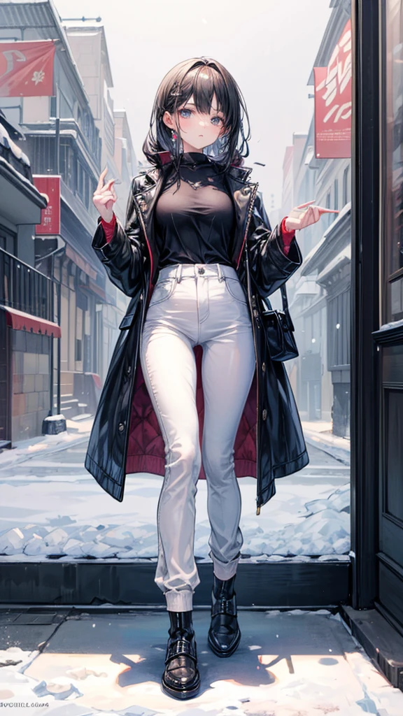 ((True best masterpiece, Ultimately perfect quality, Extremely delicate details)), A girl with a leather long coat, Weating a pants, Snowy, Winter, Full body