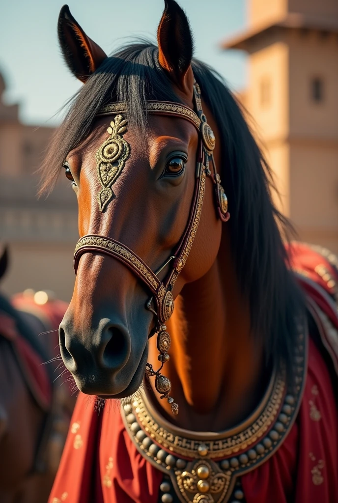 ."close-up portrait of Chetak, the heroic horse, adorned with traditional Rajput decorations and armor. The horse’s powerful stance and determined expression highlight its bravery and loyalty. The background features elements of a historical Rajput palace or fort, symbolizing its royal heritage."
